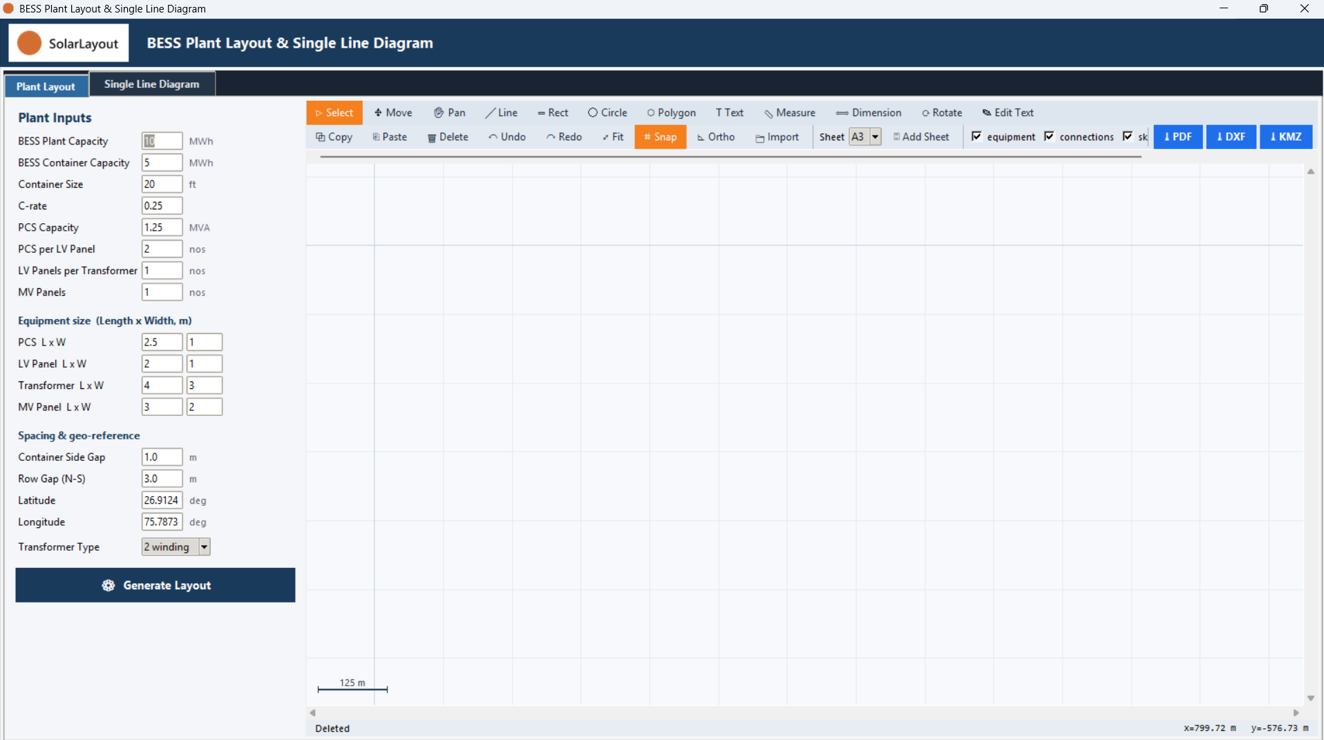 The plant designer window, showing the Plant Layout tab's input form on the left, alongside its drawing canvas.