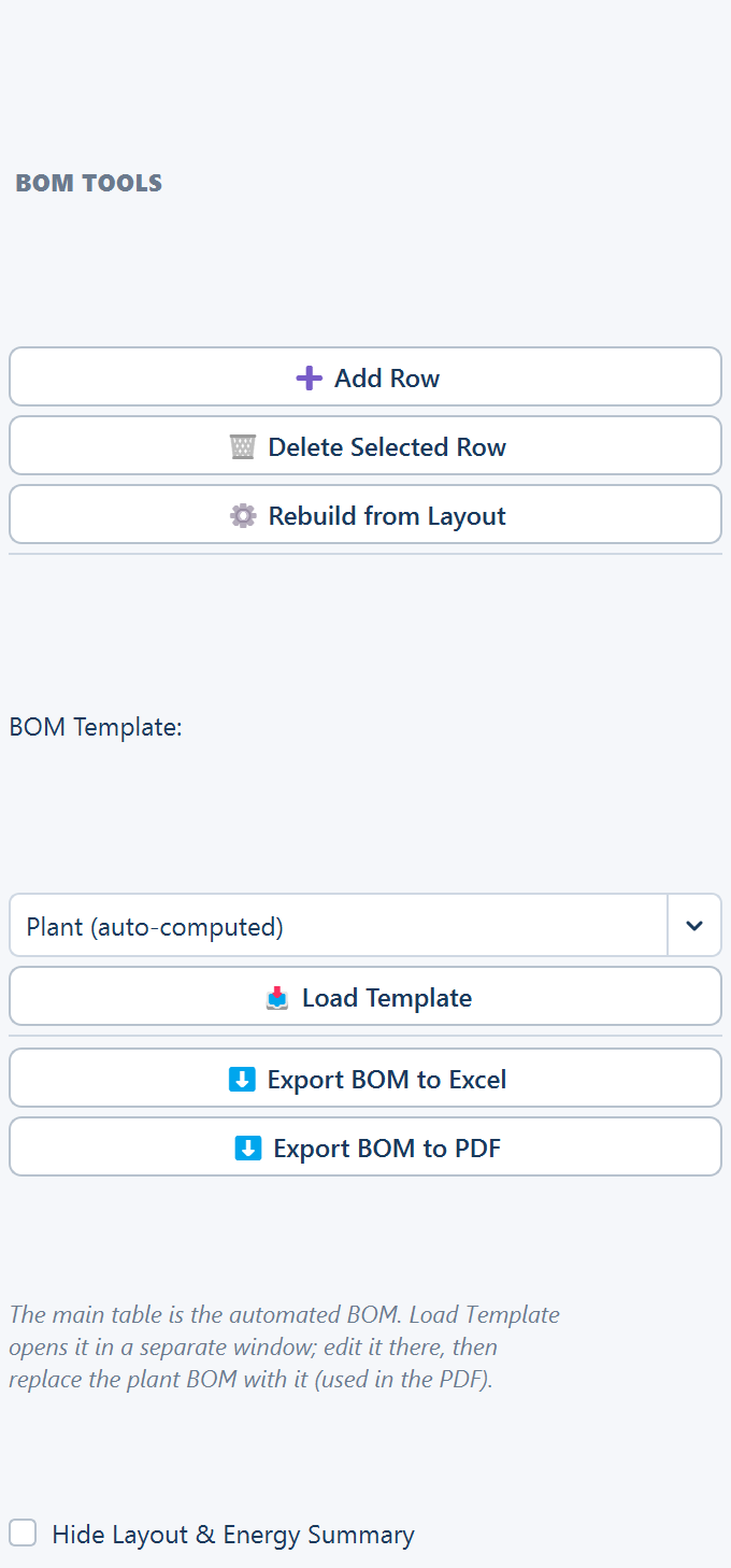 The BOM TOOLS panel: Add Row, Delete Selected Row, Rebuild from Layout, the BOM Template selector, Load Template, the two exports and the hint.