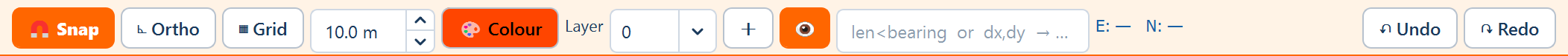The orange contextual bar: Snap, Ortho, Grid with its spacing, Colour, the Layer combo with its add and visibility buttons, the numeric entry, the coordinate readout, Undo and Redo.