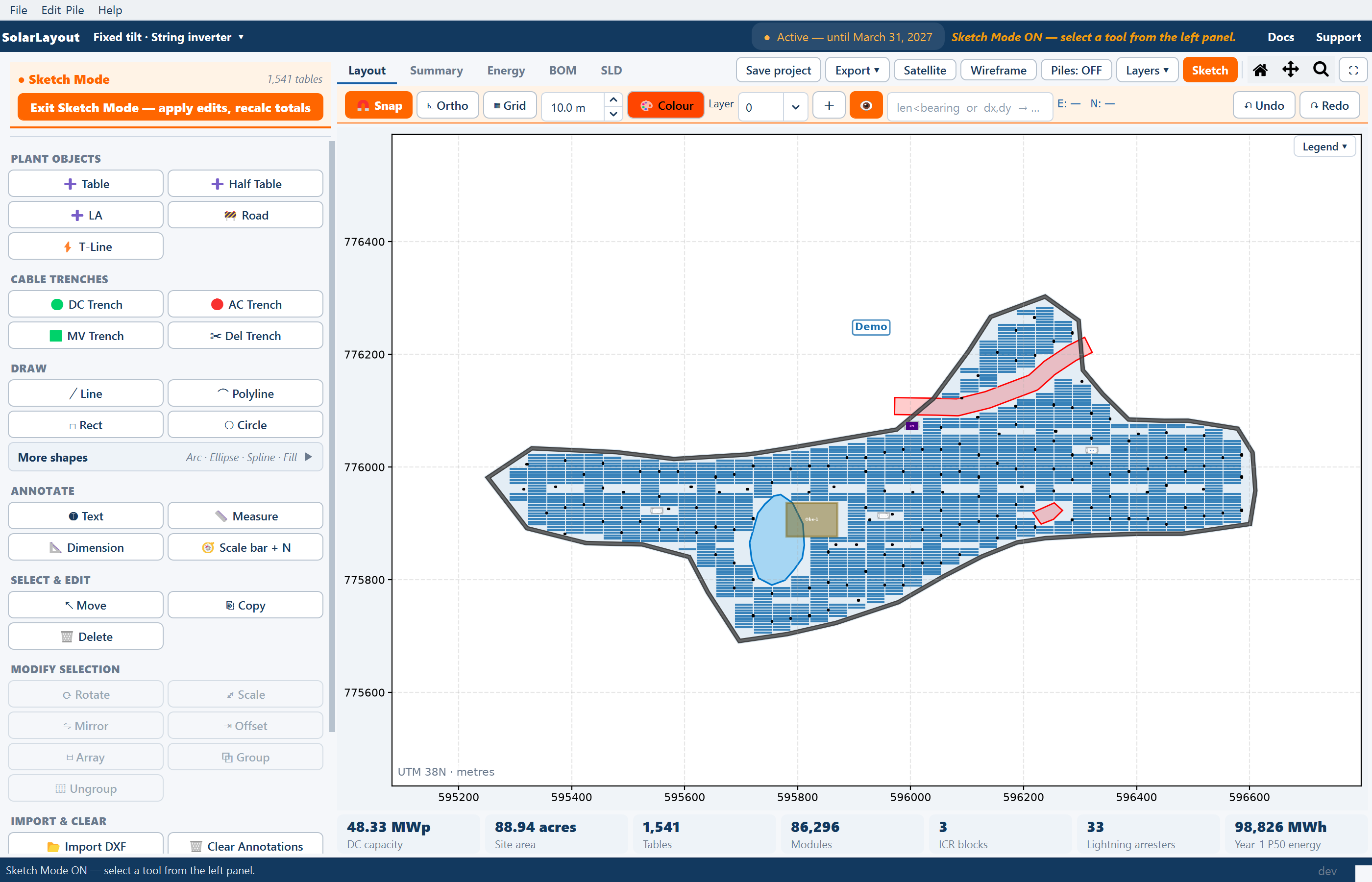 The main window in Sketch Mode: the orange banner with the Exit button, the grouped tool palette on the left, and the contextual bar above the plot.