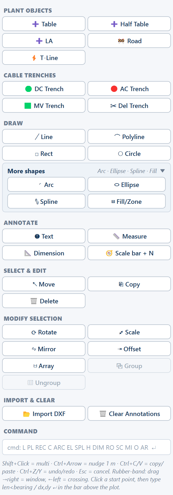 The sketch palette with the More shapes expander open, showing Arc, Ellipse, Spline and Fill/Zone.