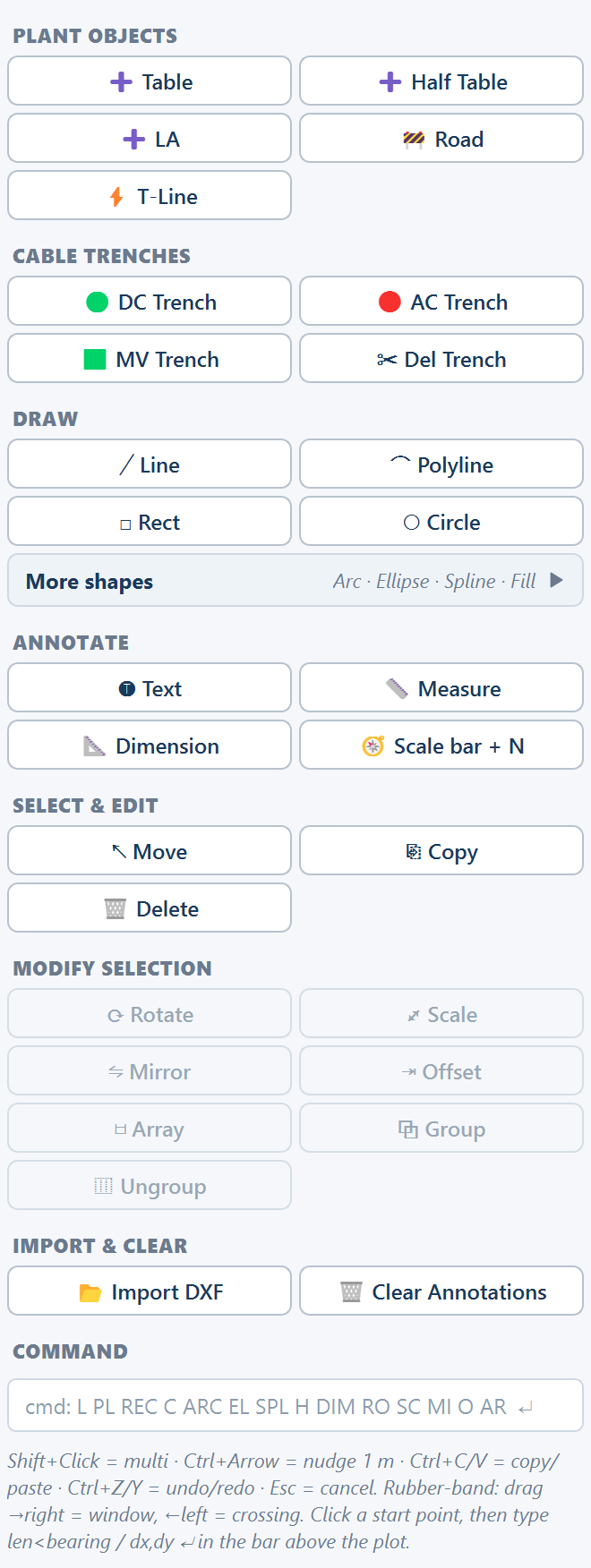 The full sketch palette: PLANT OBJECTS, CABLE TRENCHES, DRAW, ANNOTATE, SELECT & EDIT, MODIFY SELECTION, IMPORT & CLEAR and the COMMAND line.