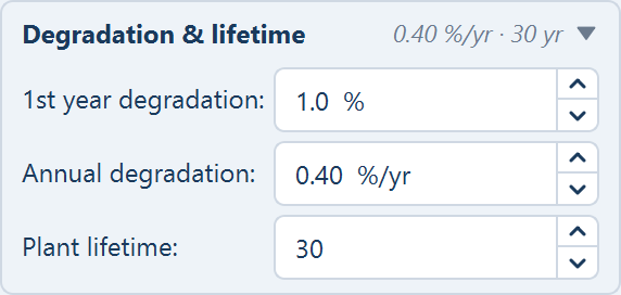 The Degradation & lifetime expander open: first-year degradation, annual degradation and plant lifetime.