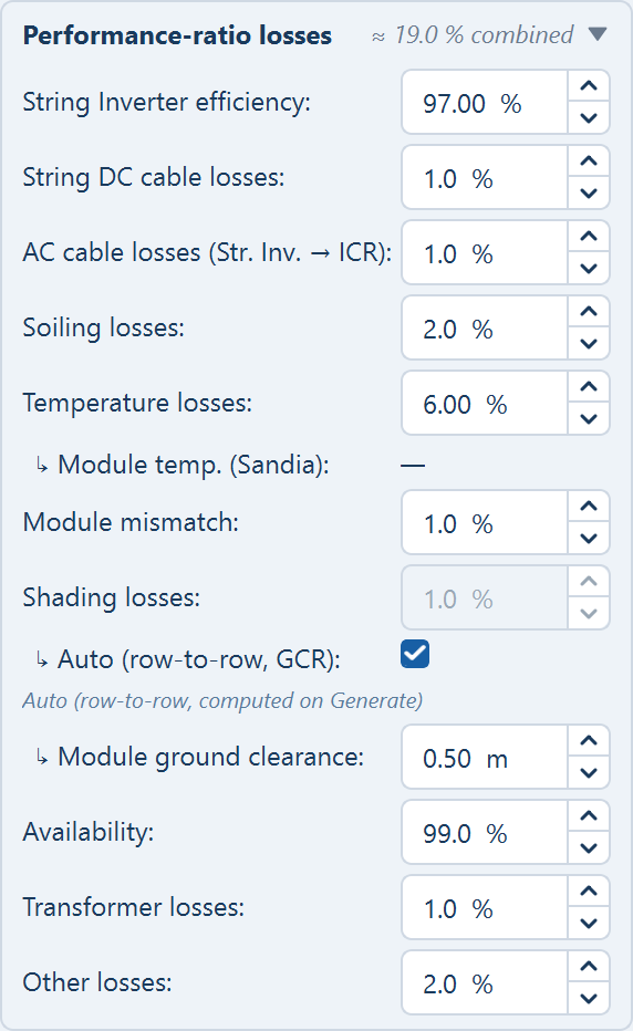 The Performance-ratio losses expander open at its defaults, from the inverter efficiency down to other losses, with the shading row greyed out under its auto-compute tick.