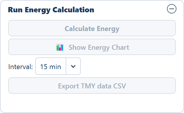 The Run Energy Calculation card with Calculate Energy, Show Energy Chart, the Interval selector and Export TMY data CSV all greyed out.