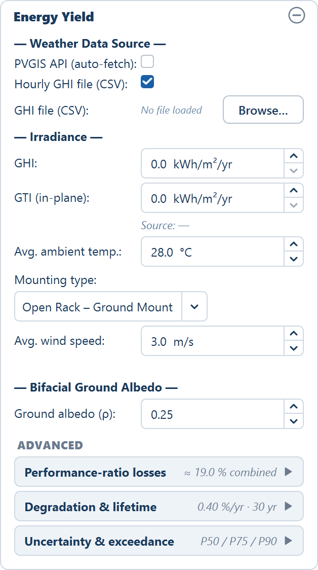 The Energy Yield card with Hourly GHI file (CSV) ticked and the GHI file row with its Browse button revealed.