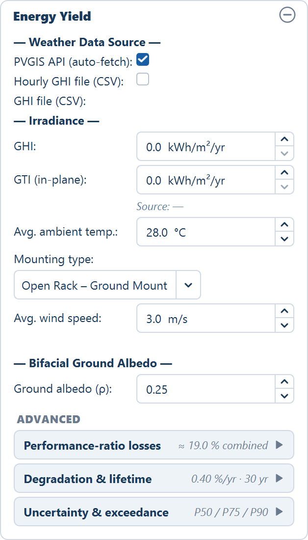 The Energy Yield card at its defaults: the weather source ticks with PVGIS selected, the irradiance fields, ambient temperature, mounting type, wind speed, albedo, and the three ADVANCED expanders closed.