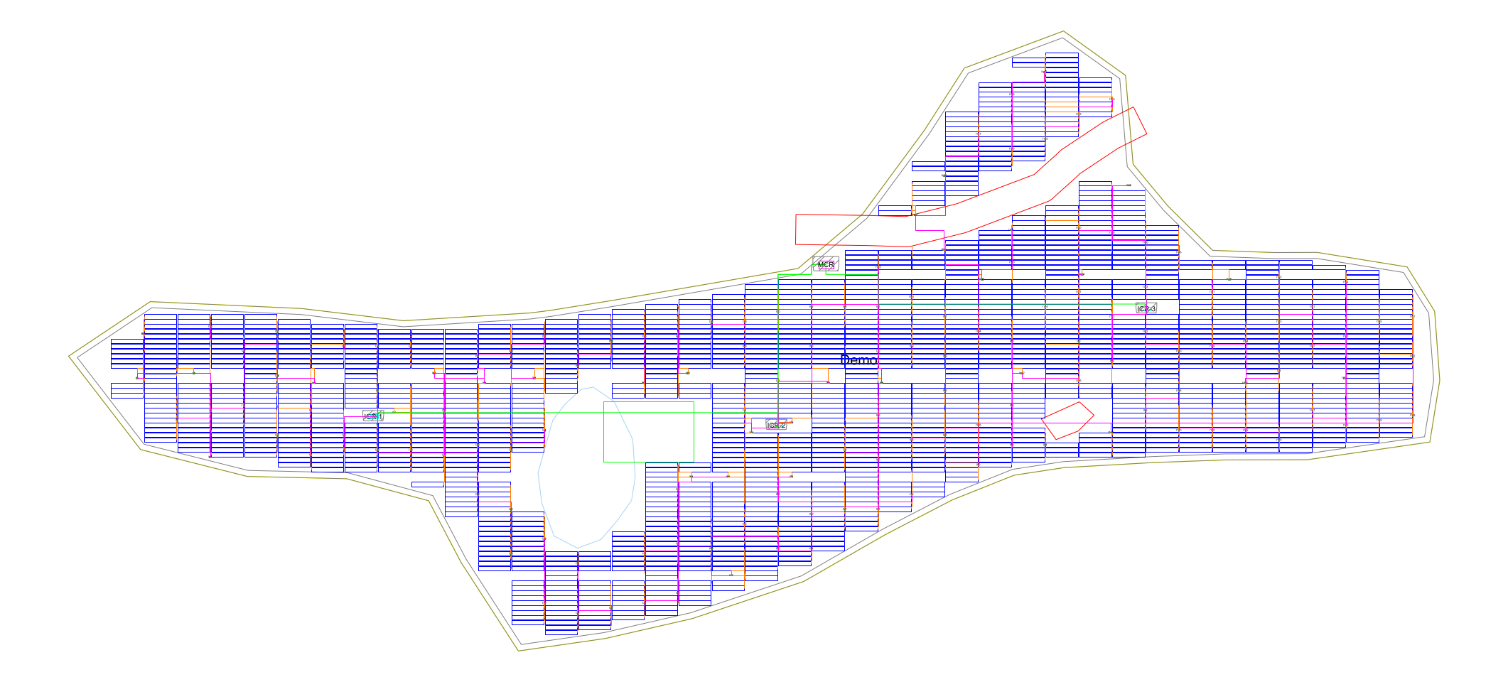 The exported DXF drawn from its layers: the boundary, perimeter road, water, tables, control rooms, inverters, cables and trenches.