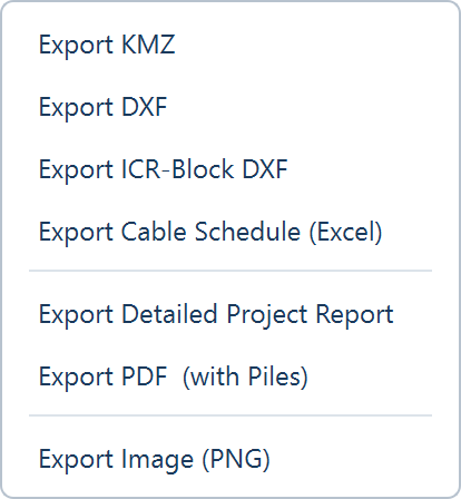 The Export menu with the extra Export PDF (with Piles) item shown because the pile overlay is on.