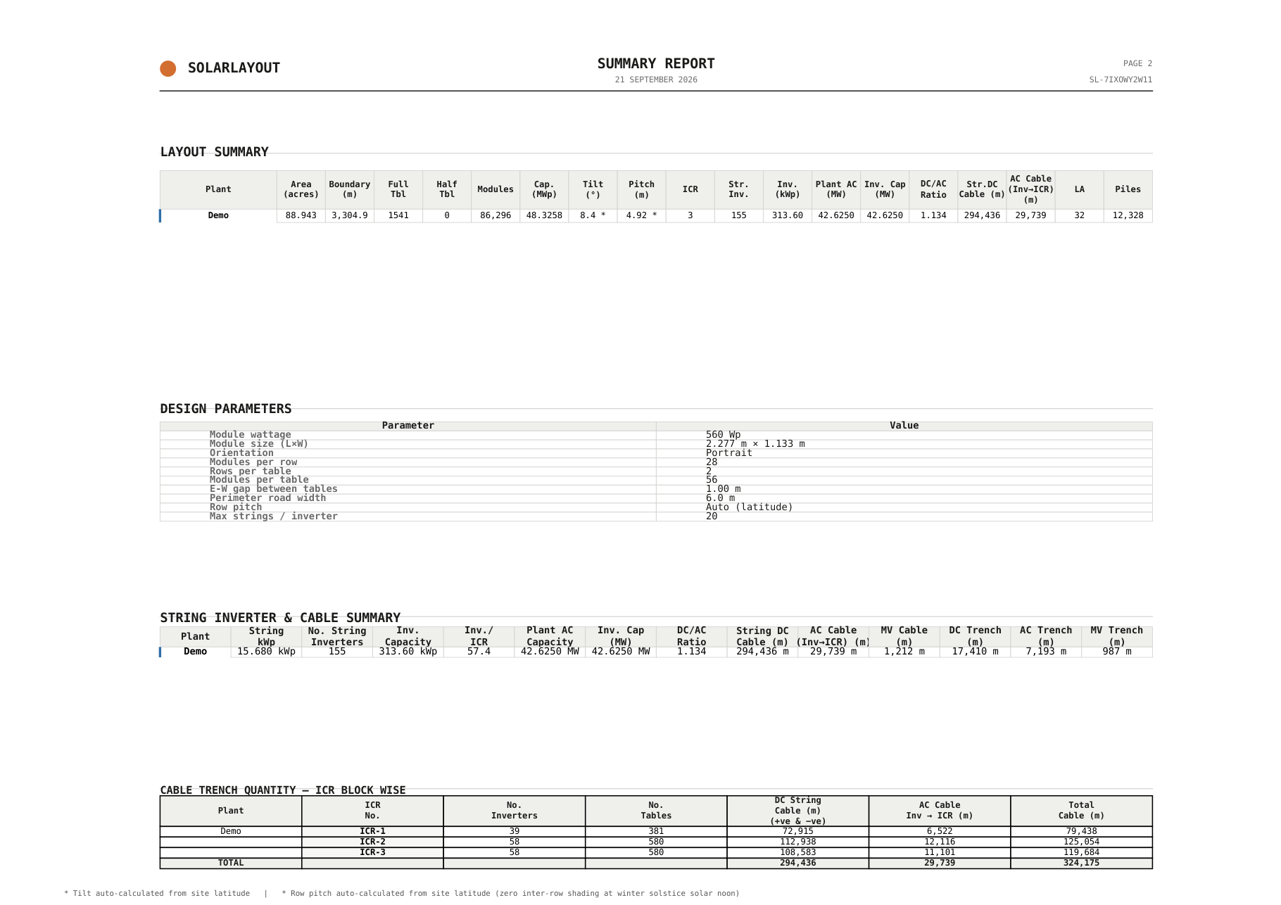 The design summary page of the report with the layout summary, design parameters and cable tables.