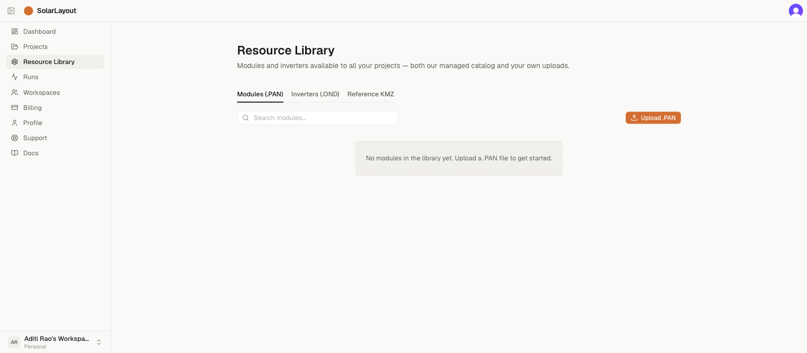 The Resource Library with the Modules (.PAN) tab open, a list of solar panel models, and the orange Upload .PAN button at the top-right of the table.