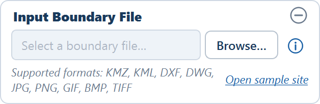 The Input Boundary File card with the empty path field, the Browse button, the info button, the supported-formats line and the Open sample site link.