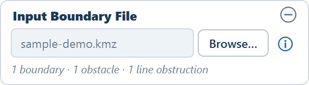 The Input Boundary File card with sample-demo.kmz in the field and the summary line 1 boundary · 1 obstacle · 1 line obstruction.