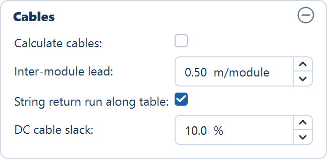 The Cables card at its defaults: Calculate cables unticked, inter-module lead, the string return run tick, and the DC cable slack.