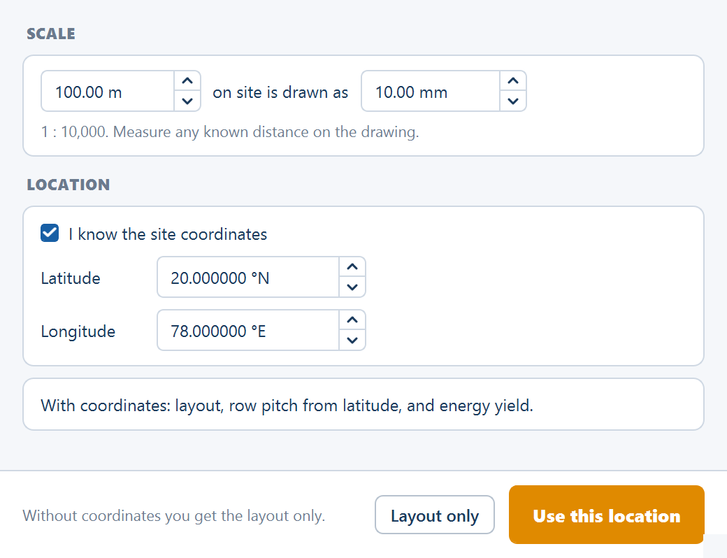 The Site reference window for an image: the SCALE card reading 100.00 m on site is drawn as 10.00 mm with the 1 : 10,000 hint, then the LOCATION card.