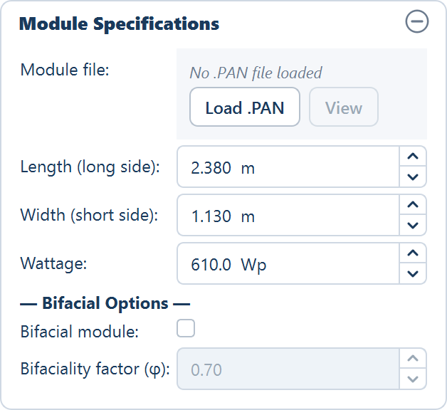 The Module Specifications card at its defaults: no .PAN file loaded, length, width, wattage, and the bifacial options with the factor greyed out.