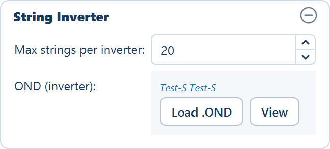 The String Inverter card after an inverter file is loaded, with the make and model on the row and View enabled.
