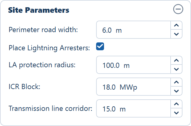 The Site Parameters card with Place Lightning Arresters ticked and the LA protection radius enabled at 100 m.