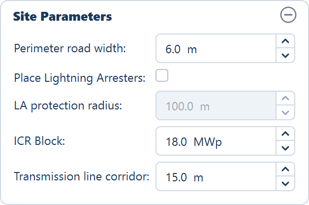 The Site Parameters card at its defaults: perimeter road width, Place Lightning Arresters unticked with the radius greyed out, ICR Block and the transmission line corridor.