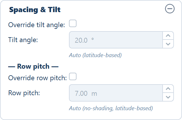 The Spacing & Tilt card with both override boxes unticked, both value fields greyed out, and the Auto labels showing.