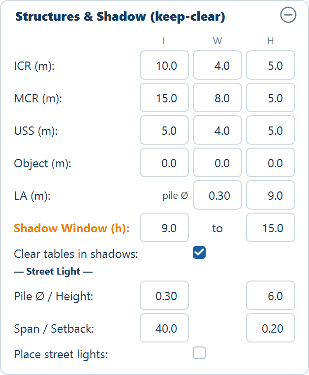 The Structures & Shadow card: the L, W and H columns for ICR, MCR, USS and Object, the LA row, the shadow window, the clear-tables tick, and the street light rows.