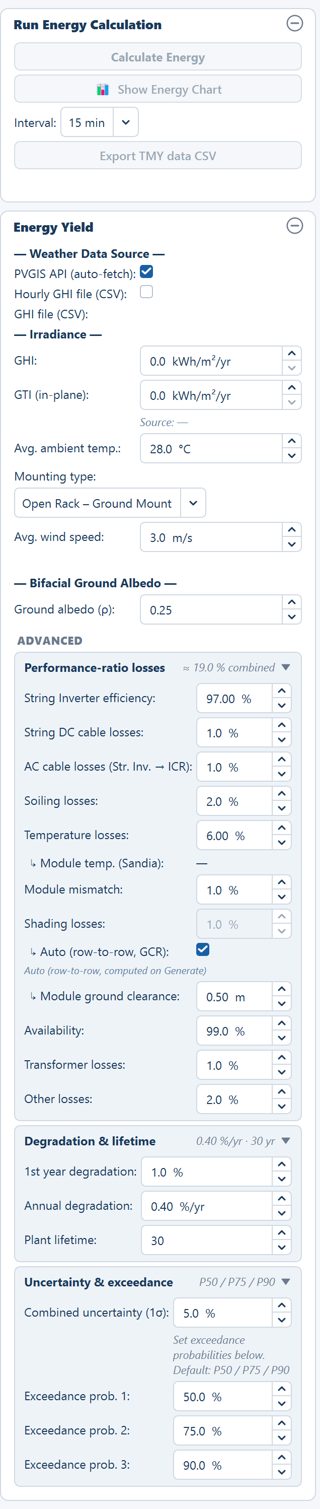The Yield tab with the Performance-ratio losses, Degradation & lifetime and Uncertainty & exceedance expanders open.