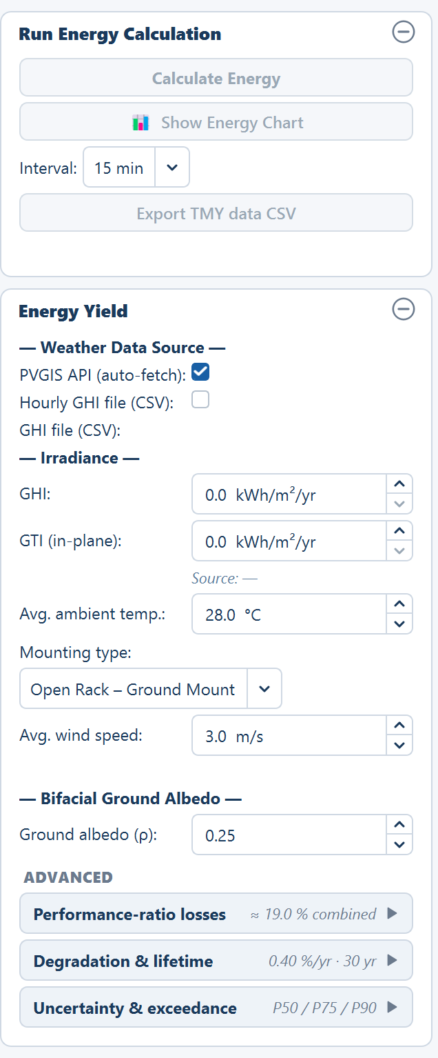 The Yield tab in one tall image: the Run Energy Calculation card and the Energy Yield card with its ADVANCED expanders closed.