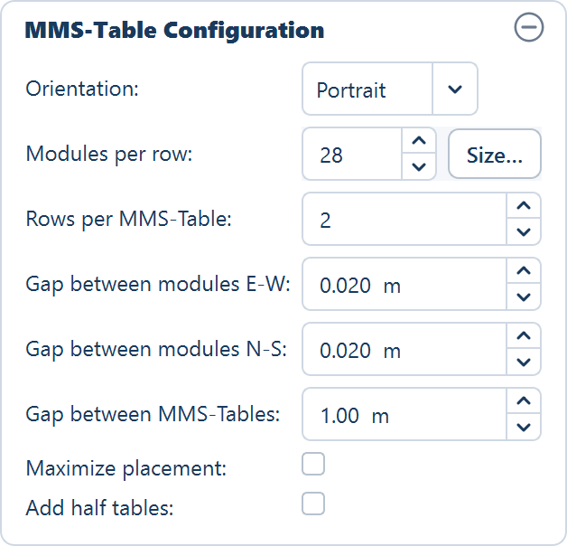 The MMS-Table Configuration card at its defaults, with the Size… button beside Modules per row and the two placement options.