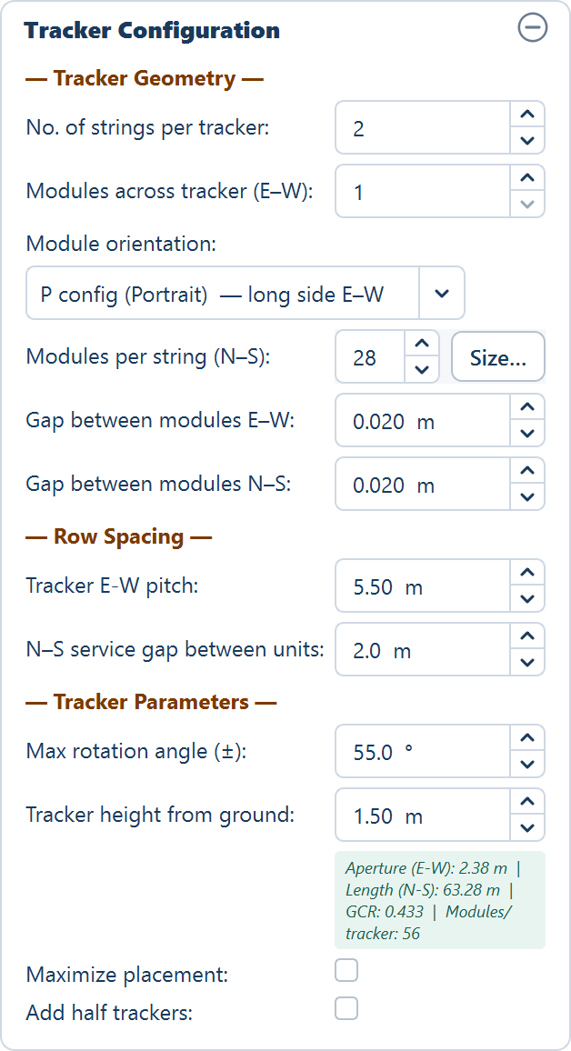 The Tracker Configuration card at its defaults with its three sections and the green live preview line of aperture, length, GCR and modules per tracker.