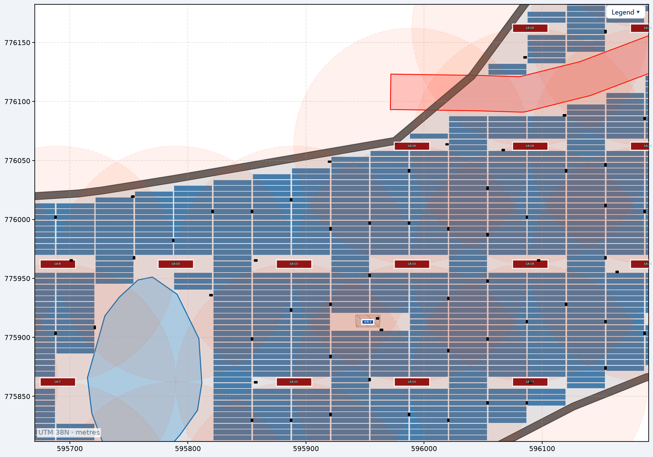 A zoomed view of the plot showing the arrester rectangles, their labels and the overlapping protection circles among the tables.