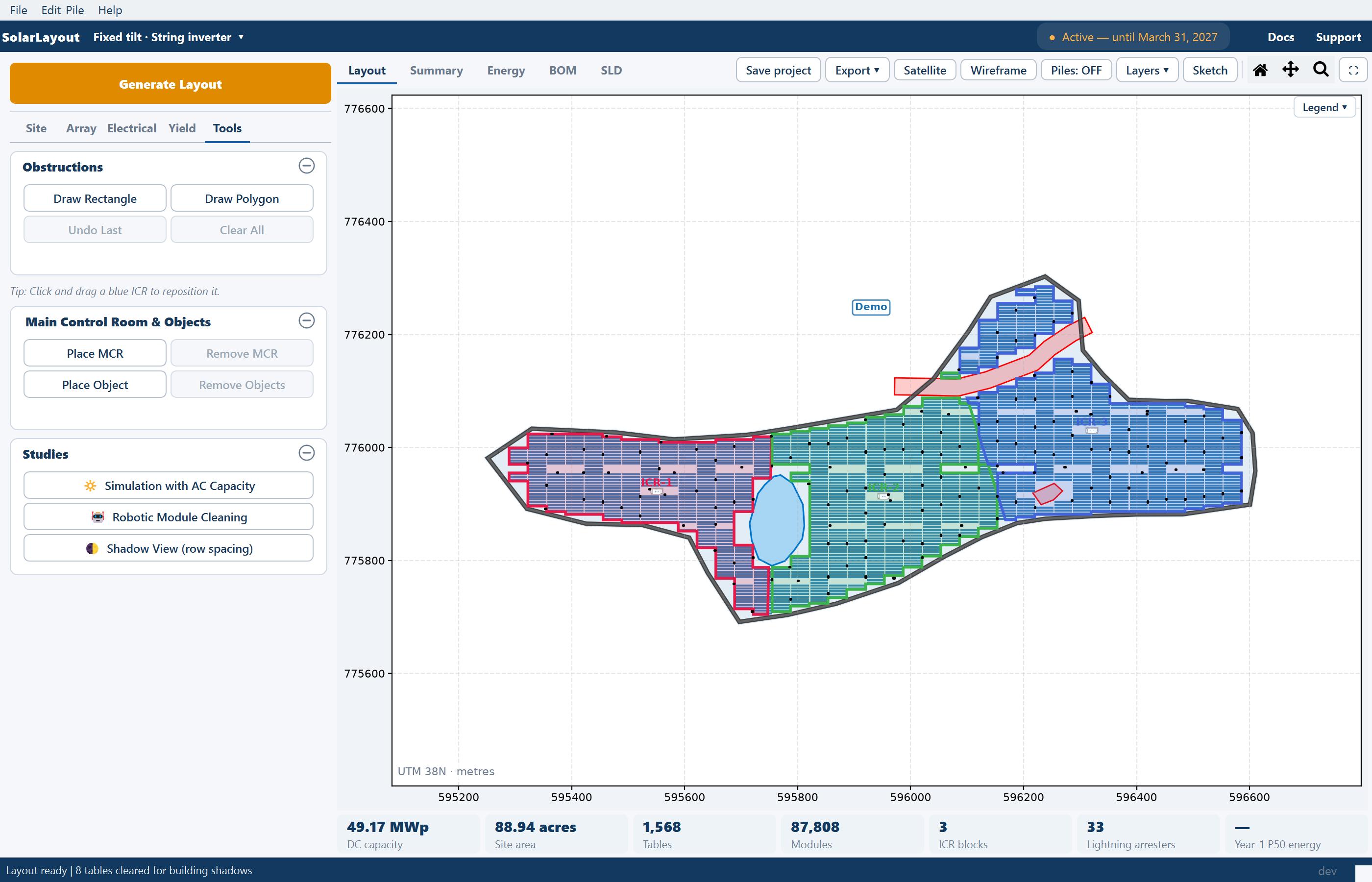The Layout view with the ICR blocks layer on: each block's area filled in its own colour with its outline drawn.