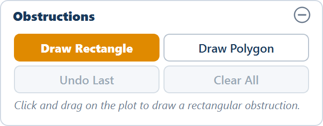 The Obstructions card with Draw Rectangle pressed and the hint Click and drag on the plot to draw a rectangular obstruction.