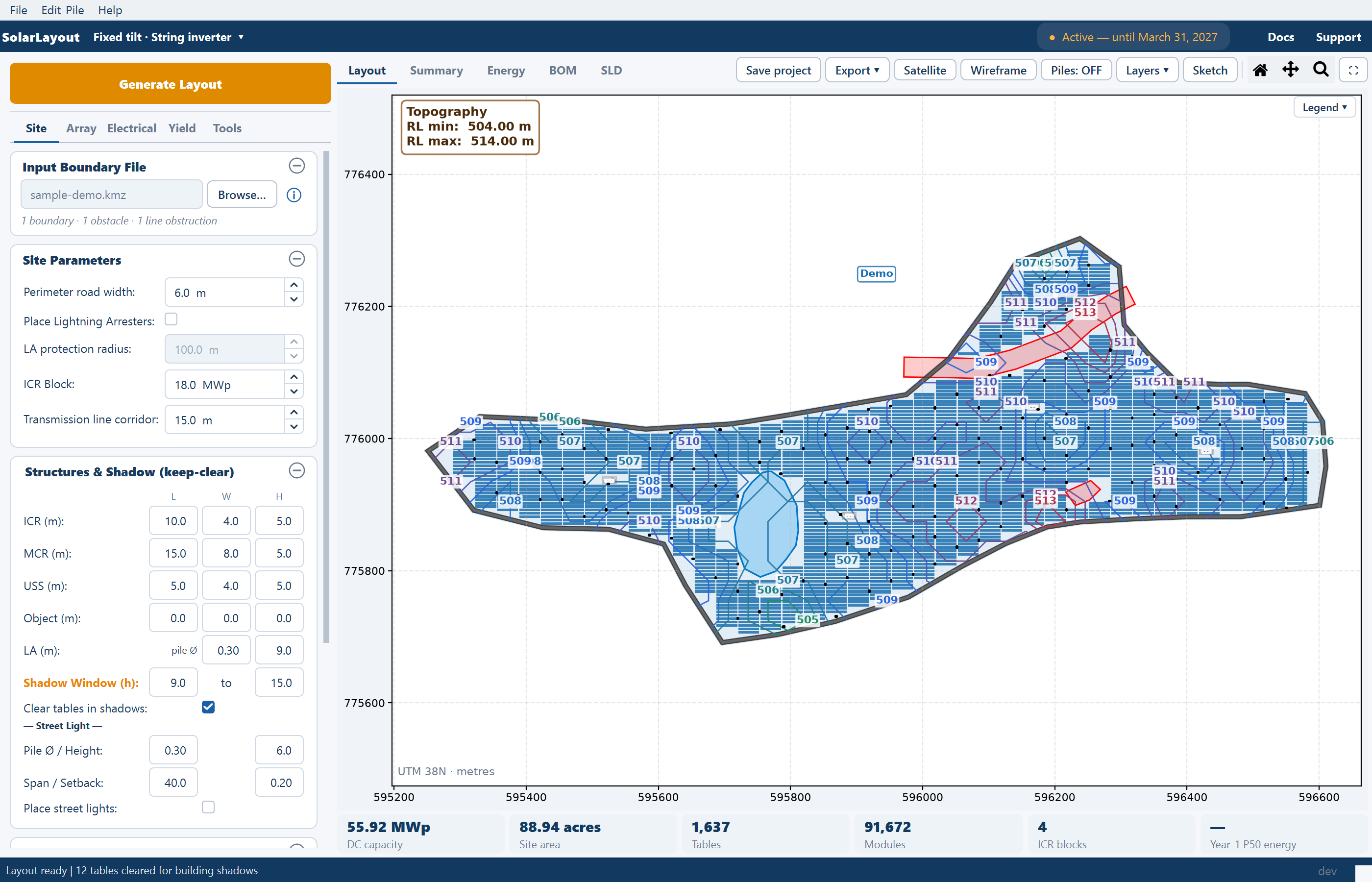 The Layout view with the Contour / terrain layer on: elevation contours drawn across the plant and the Topography box reporting the RL range.
