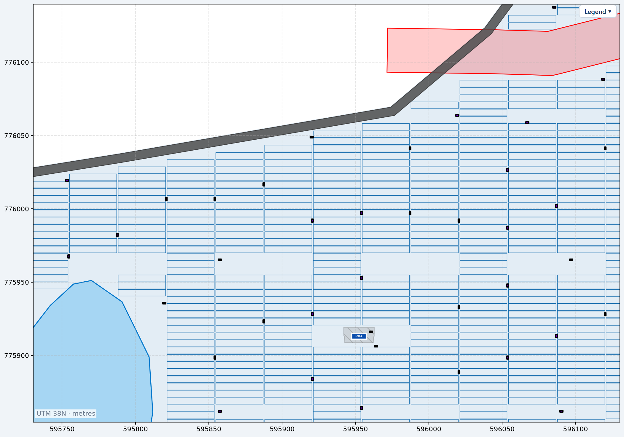 A zoomed view of the plot with the tables drawn as outlines only.