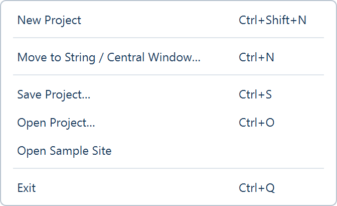 The File menu: New Project, Move to String / Central Window, Save Project, Open Project, Open Sample Site and Exit with their shortcuts.