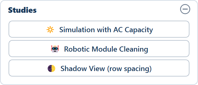 The Studies card with Simulation with AC Capacity, Robotic Module Cleaning and Shadow View (row spacing).