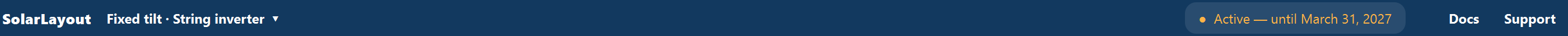 The navy ribbon with the SolarLayout brand, the design chip, the access chip, and the Docs and Support buttons.