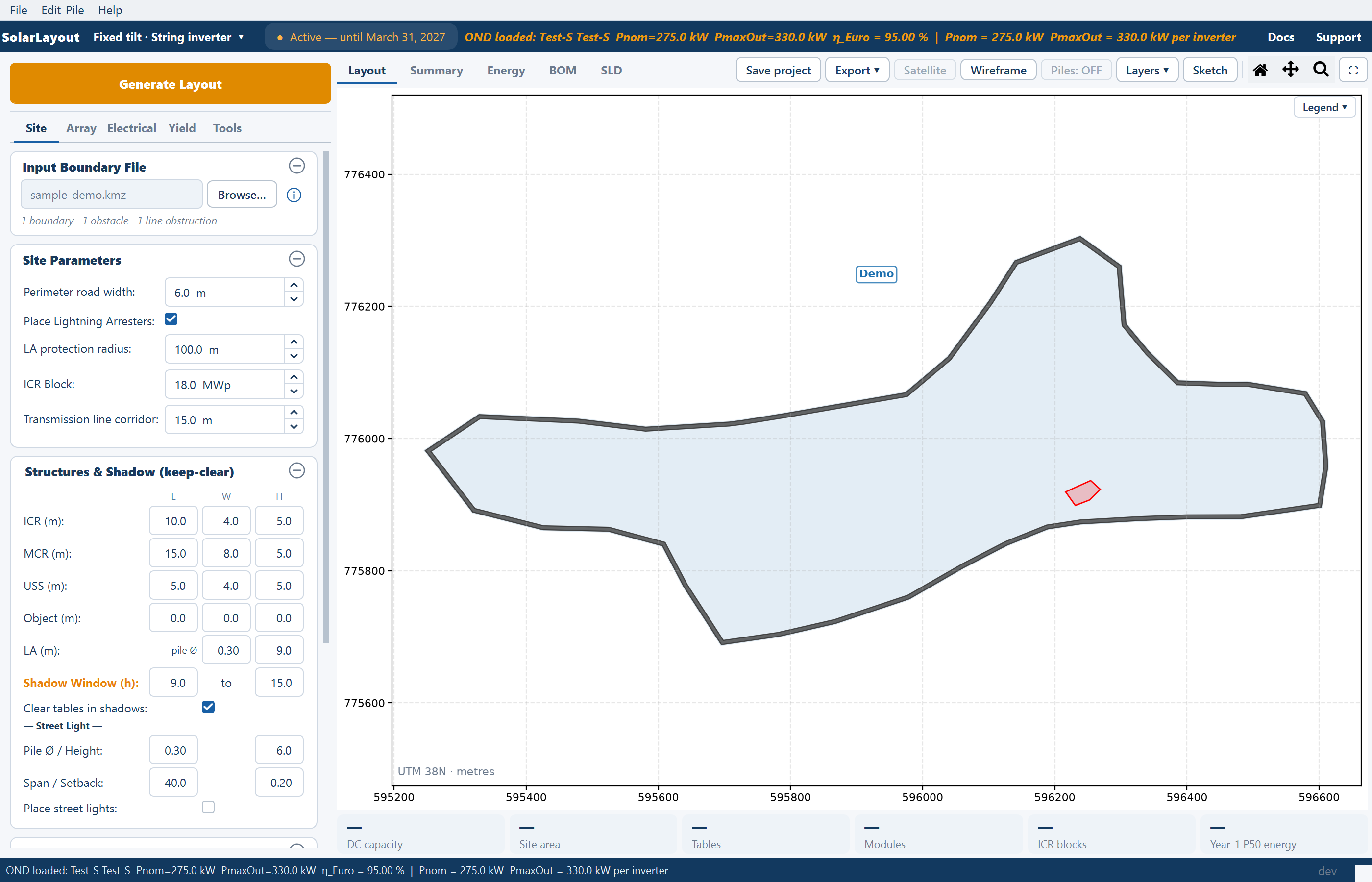 The main window with the sample site loaded: the boundary, pond, transmission line and obstruction drawn on the plot, Generate Layout enabled.