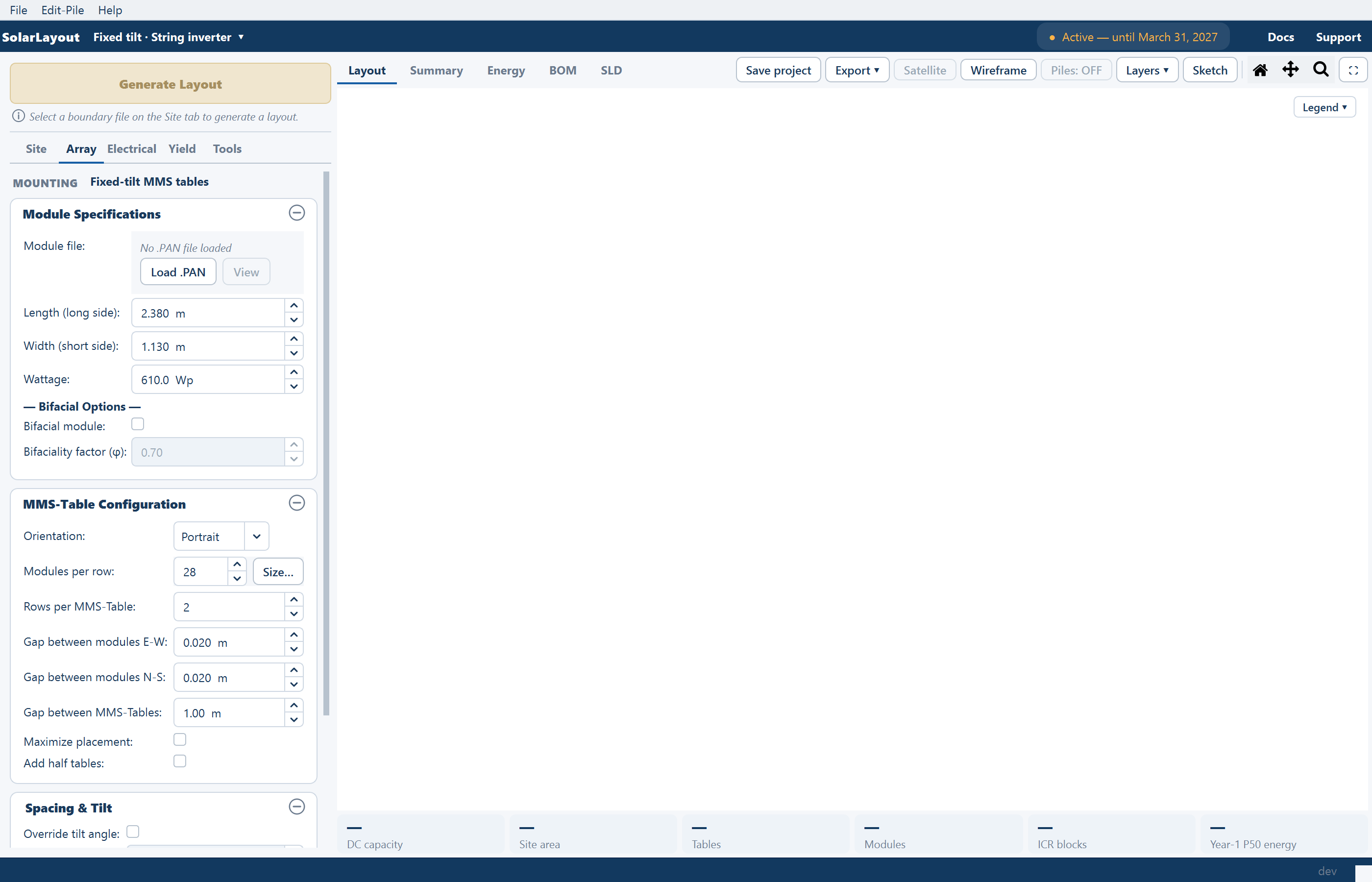 The main window showing the Array tab: the MOUNTING chip, Module Specifications and MMS-Table Configuration.