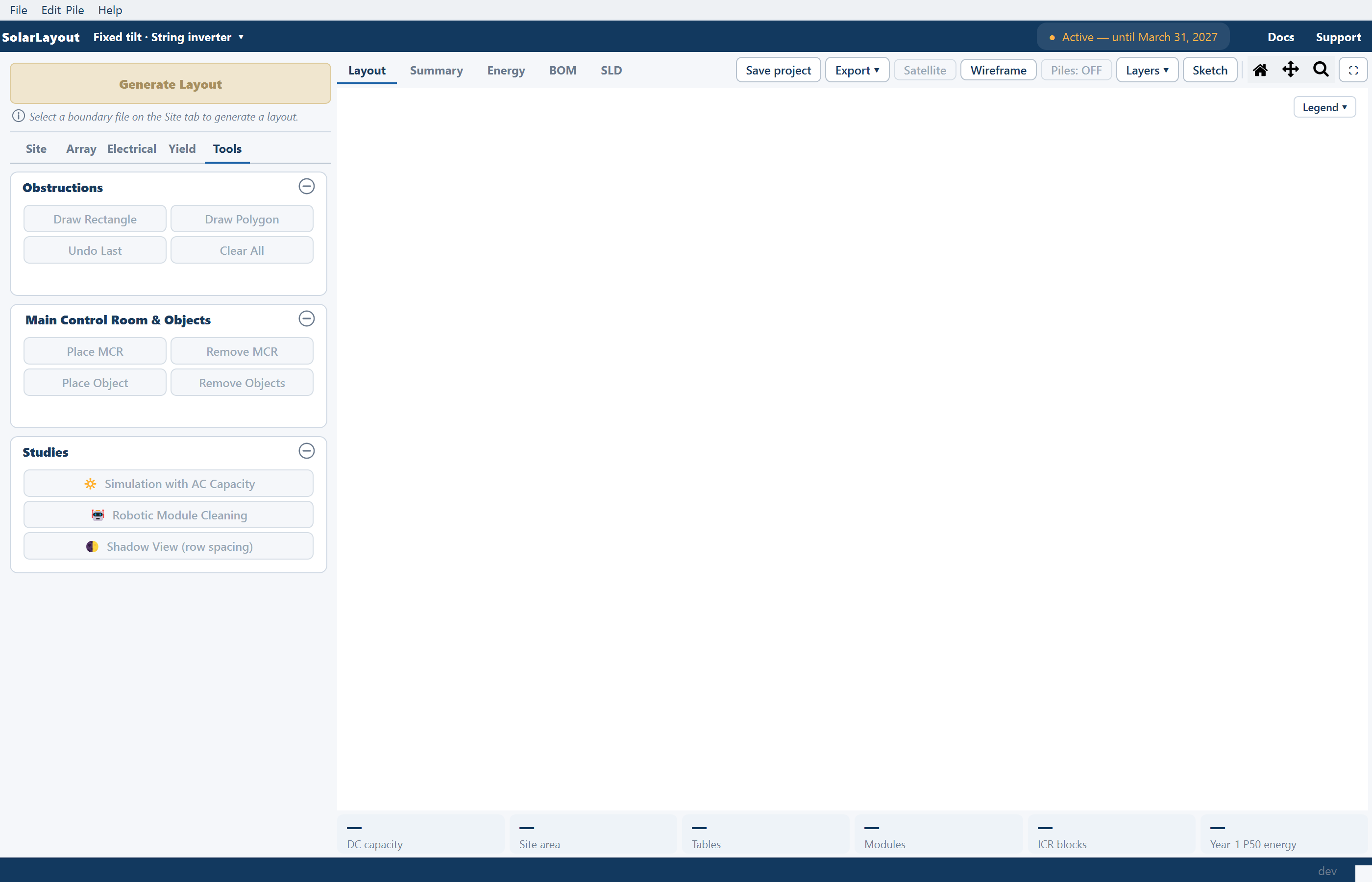 The main window showing the Tools tab with every button greyed out because no layout exists yet.