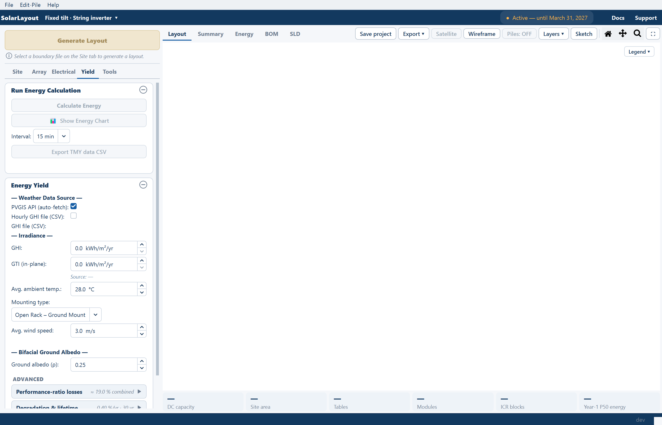 The main window showing the Yield tab: Run Energy Calculation and Energy Yield.
