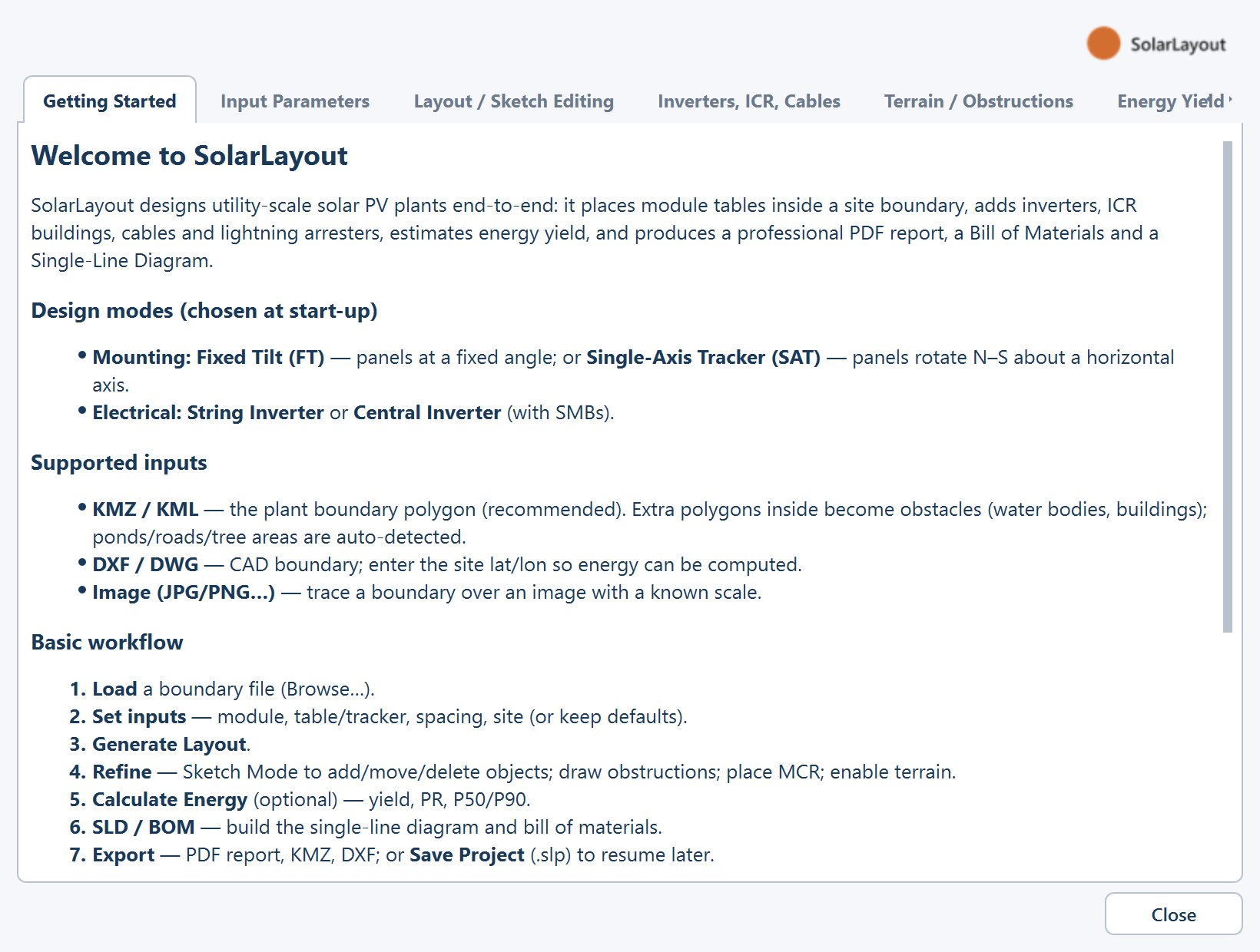 The Help — SolarLayout window on its first tab with the tab strip visible.