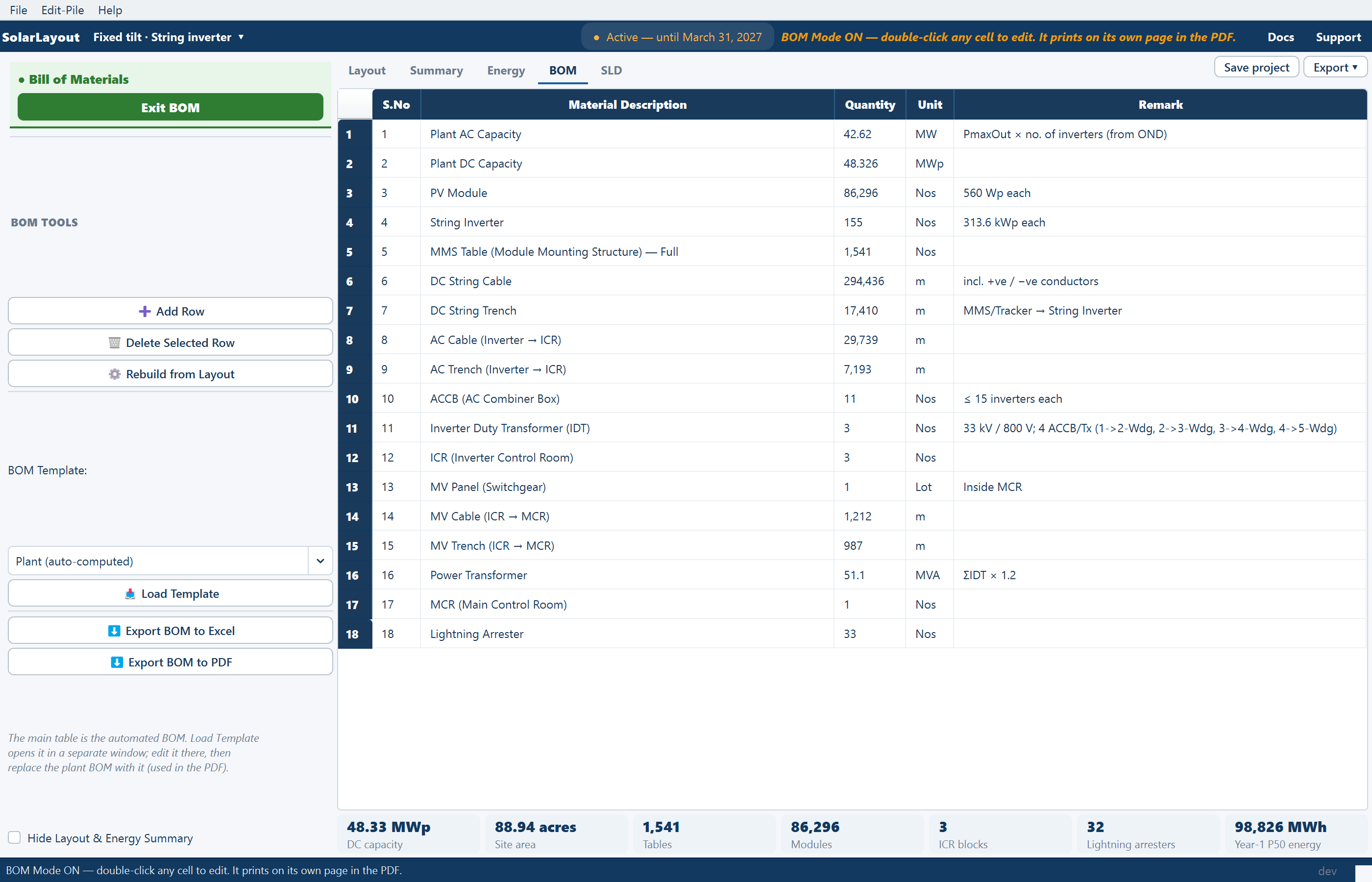 The BOM view: the green banner and BOM TOOLS on the left, and the editable bill of materials with its five columns on the right.