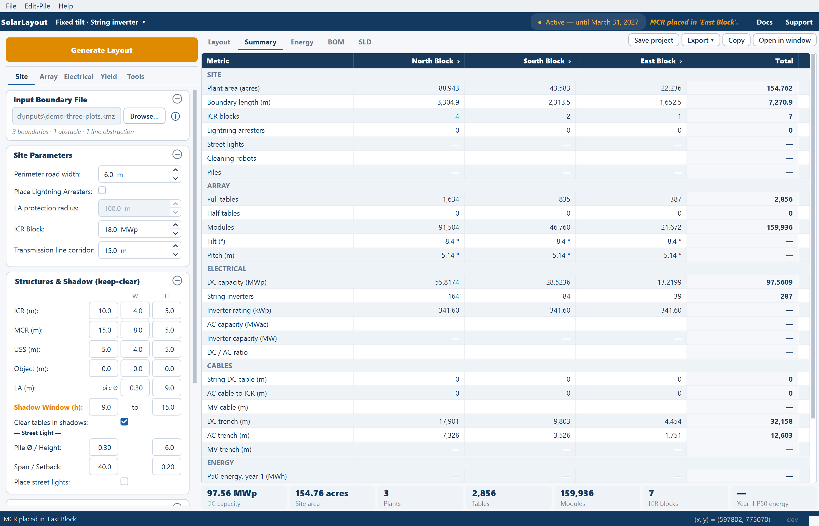 The Summary view with one column per plot and a Total column.