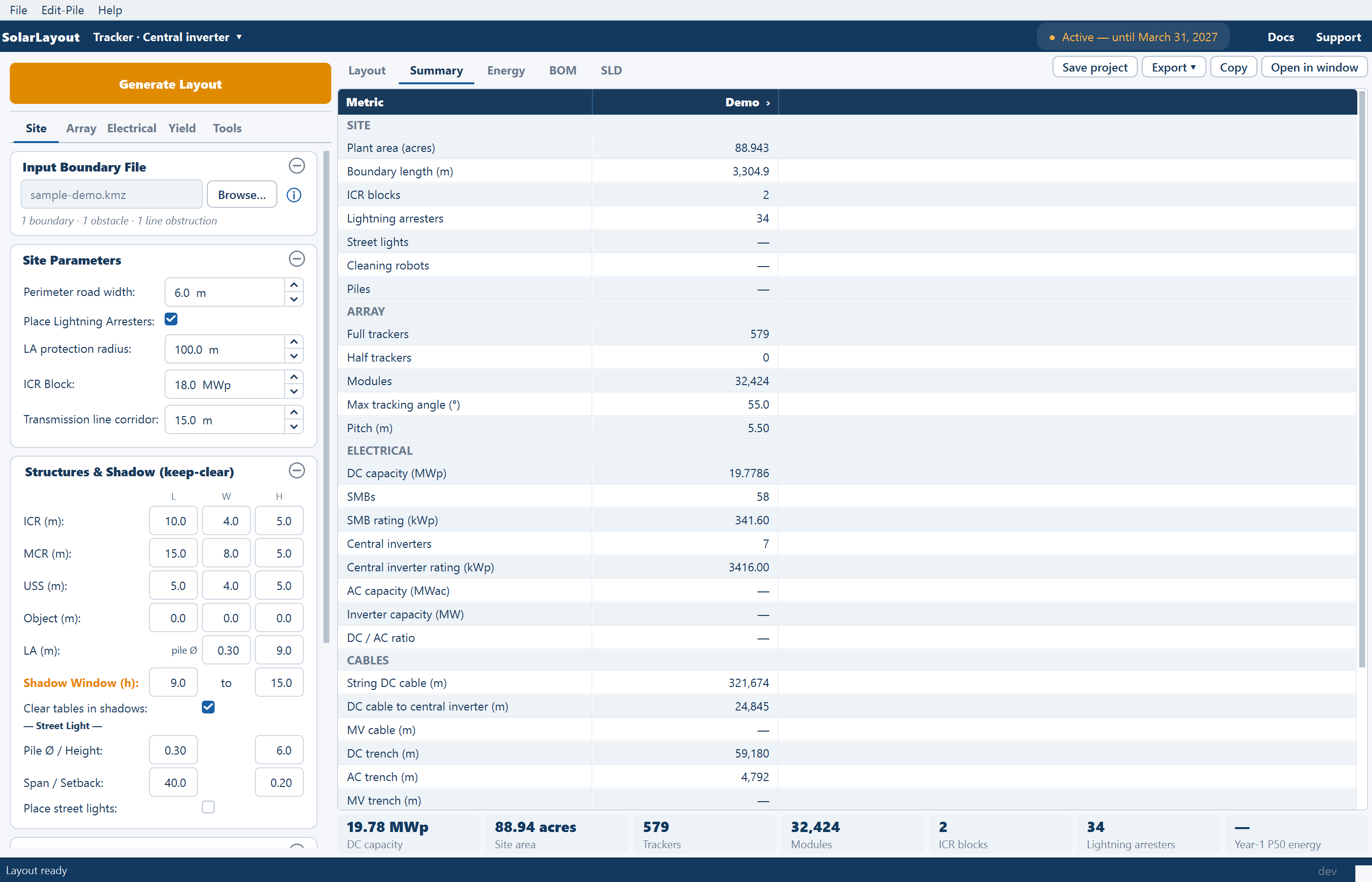 The Summary view in a tracker, central-inverter design, with the tracker and SMB rows.
