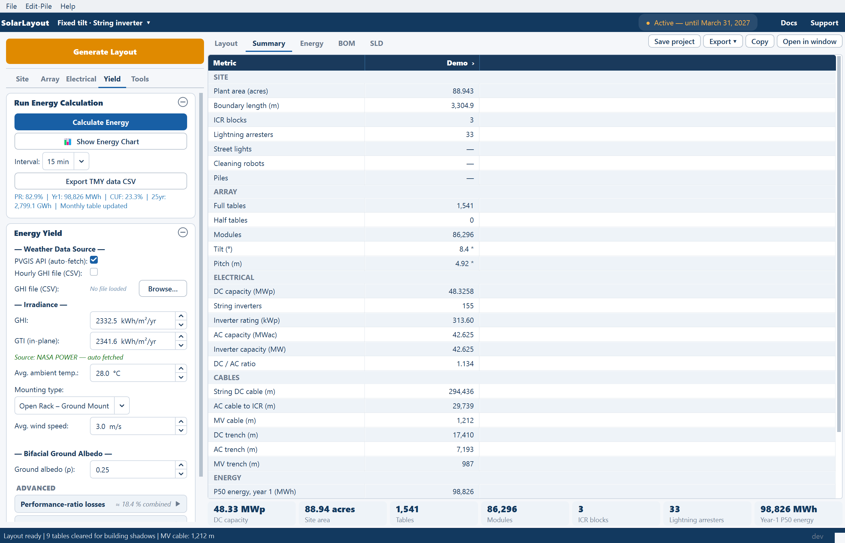 The Summary view after cables and energy have been calculated, with the cable rows and the ENERGY rows filled in.