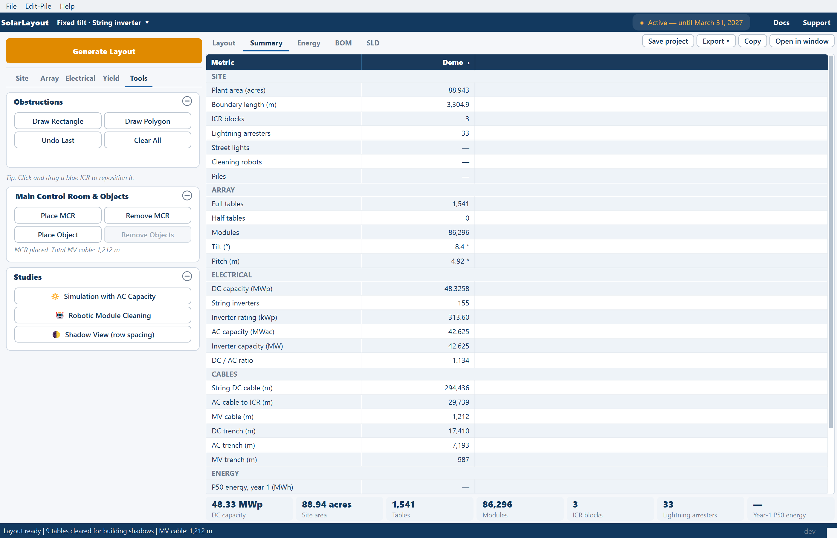 The Summary view: a Metric column and one column for the plant, grouped under SITE, ARRAY, ELECTRICAL, CABLES and ENERGY.